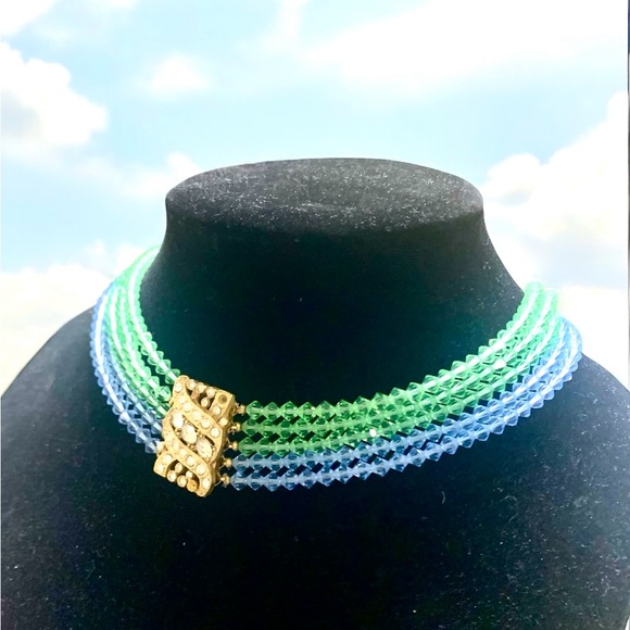 Vintage Blue & Green Glass Faceted Bead Multi-Strand Choker Collar Necklace - Picture 8 of 11